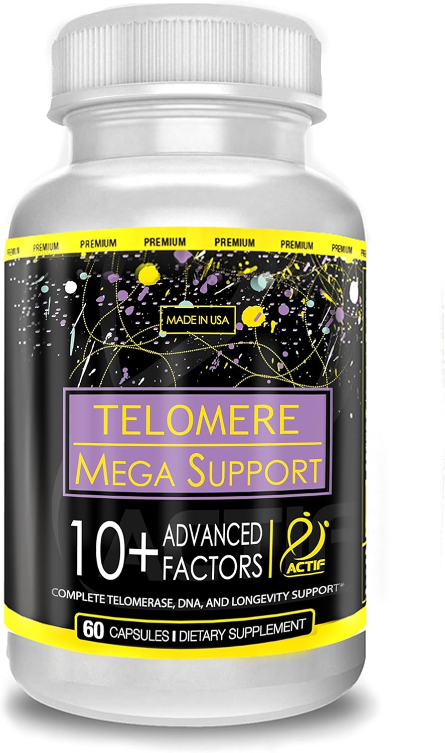 Telomere Mega Support Supplement with 10+ Factors for Energy, Memory, Anti-Aging - 60 Count USA-Made Non-GMO Formula