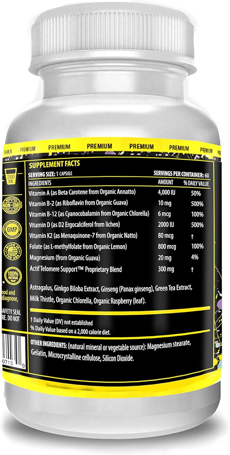 Telomere Mega Support Supplement with 10+ Factors for Energy, Memory, Anti-Aging - 60 Count USA-Made Non-GMO Formula