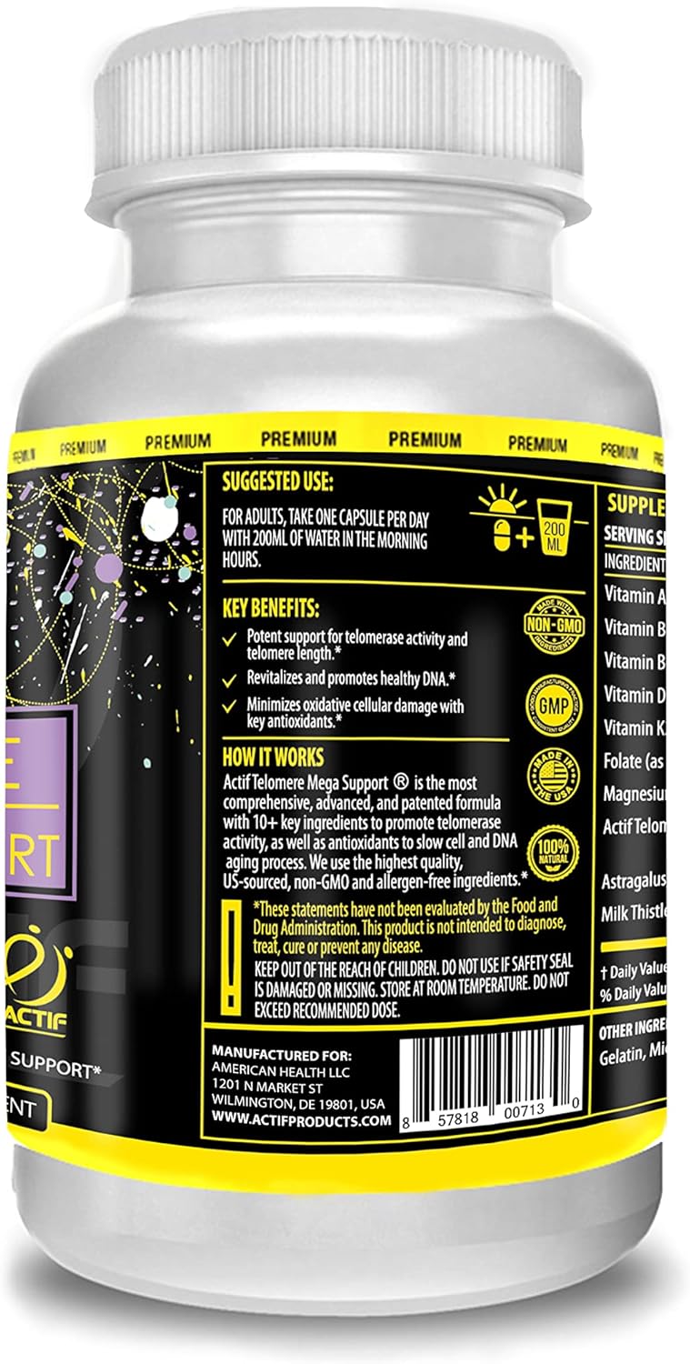Telomere Mega Support Supplement with 10+ Factors for Energy, Memory, Anti-Aging - 60 Count USA-Made Non-GMO Formula
