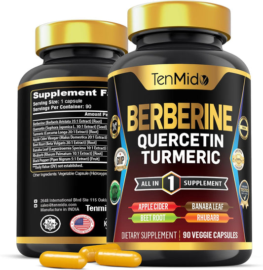 Tenmido Berberine Supplement 8in1 Formula with Quercetin, Turmeric, Apple Cider Vinegar - Digestive & Immune Support - 90 Capsules