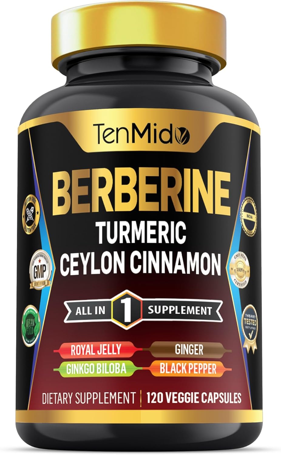Tenmido Berberine Supplement with 7in1 Formula for Digestive Health and Immune Support - 120 Capsules