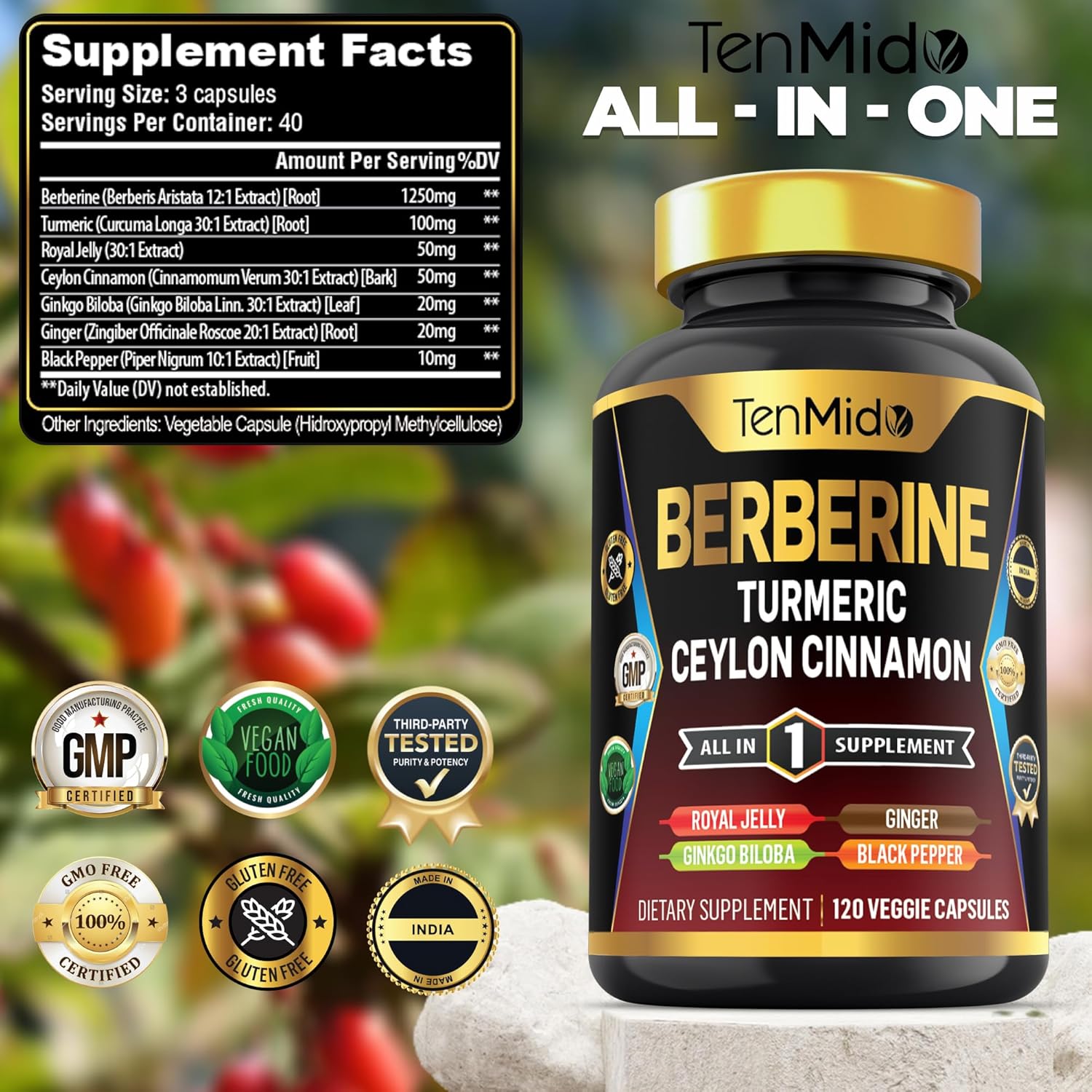 Tenmido Berberine Supplement with 7in1 Formula for Digestive Health and Immune Support - 120 Capsules