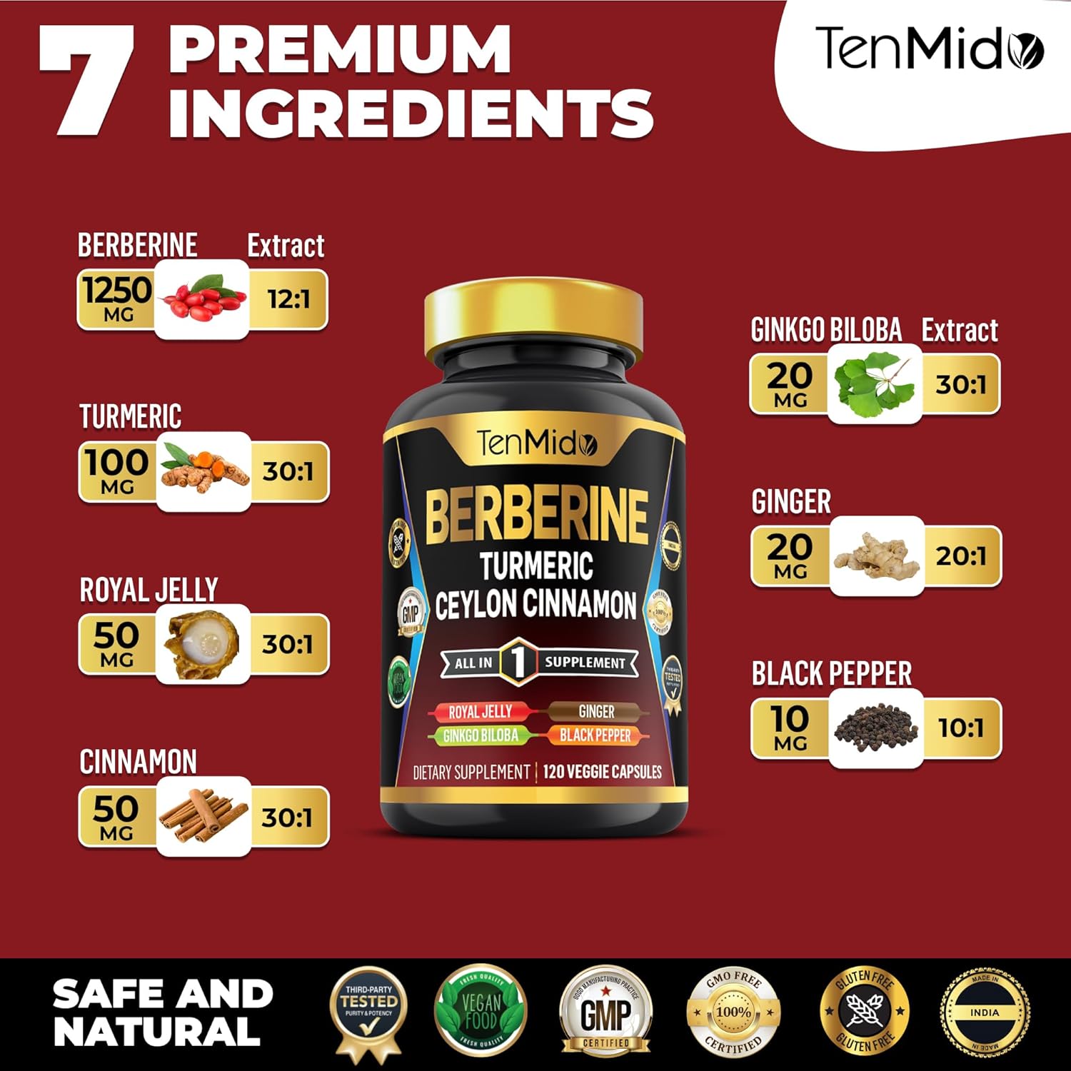 Tenmido Berberine Supplement with 7in1 Formula for Digestive Health and Immune Support - 120 Capsules
