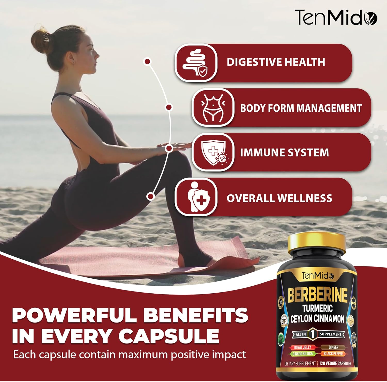 Tenmido Berberine Supplement with 7in1 Formula for Digestive Health and Immune Support - 120 Capsules