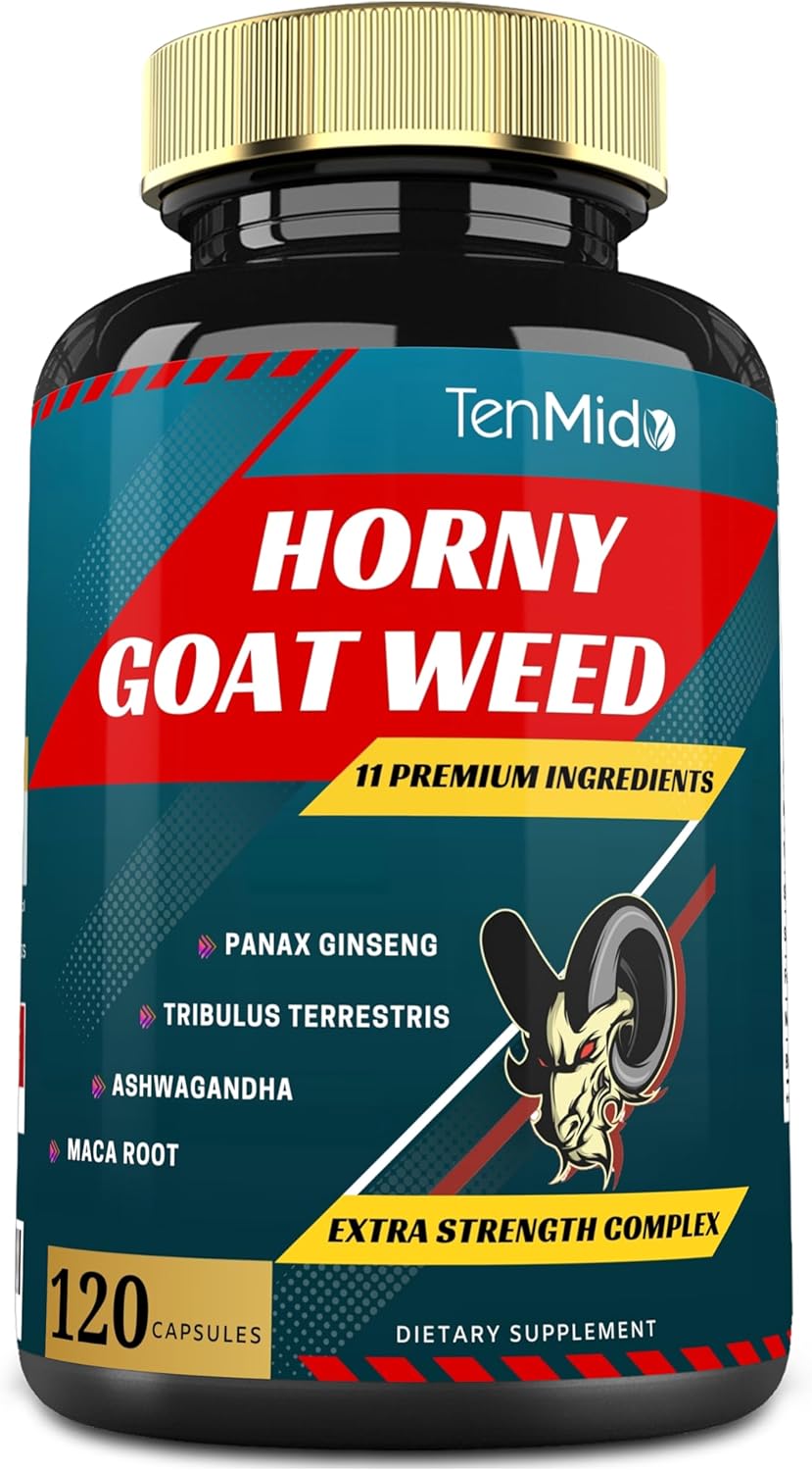 Tenmido Herbal Libido Boost Supplement with Horny Goat Weed, Ginseng, Tribulus, Maca, Ashwagandha, Tongkat Ali - 120 Capsules