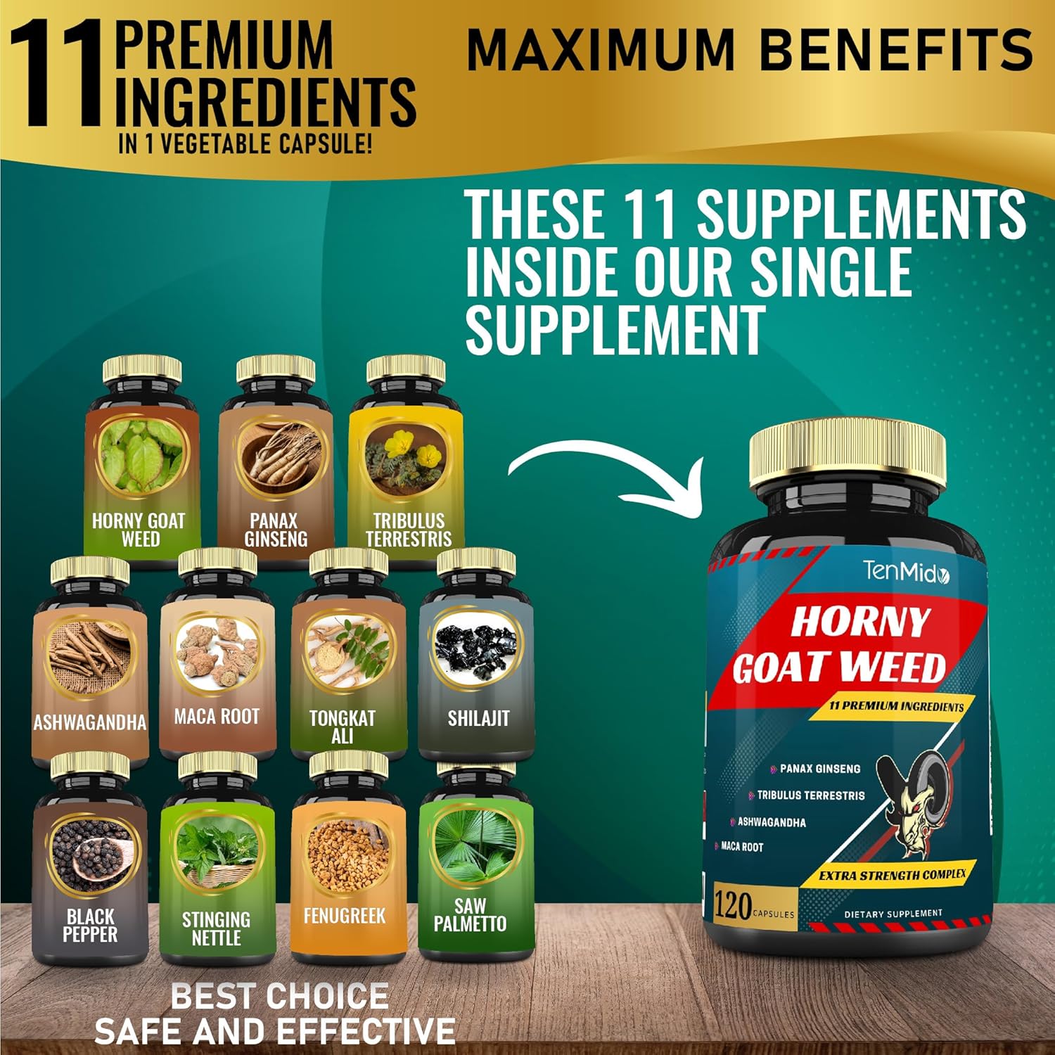 Tenmido Herbal Libido Boost Supplement with Horny Goat Weed, Ginseng, Tribulus, Maca, Ashwagandha, Tongkat Ali - 120 Capsules