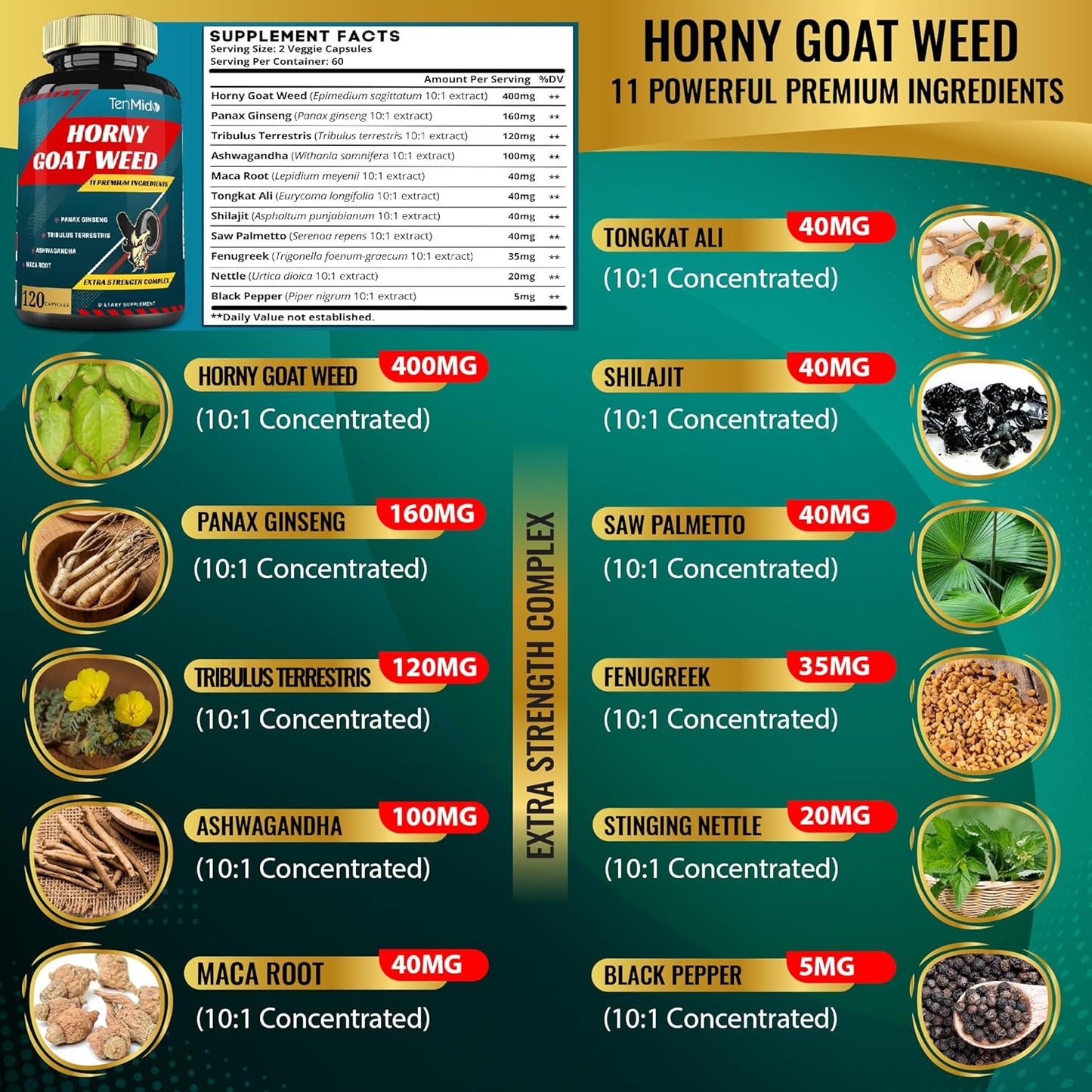 Tenmido Herbal Libido Boost Supplement with Horny Goat Weed, Ginseng, Tribulus, Maca, Ashwagandha, Tongkat Ali - 120 Capsules