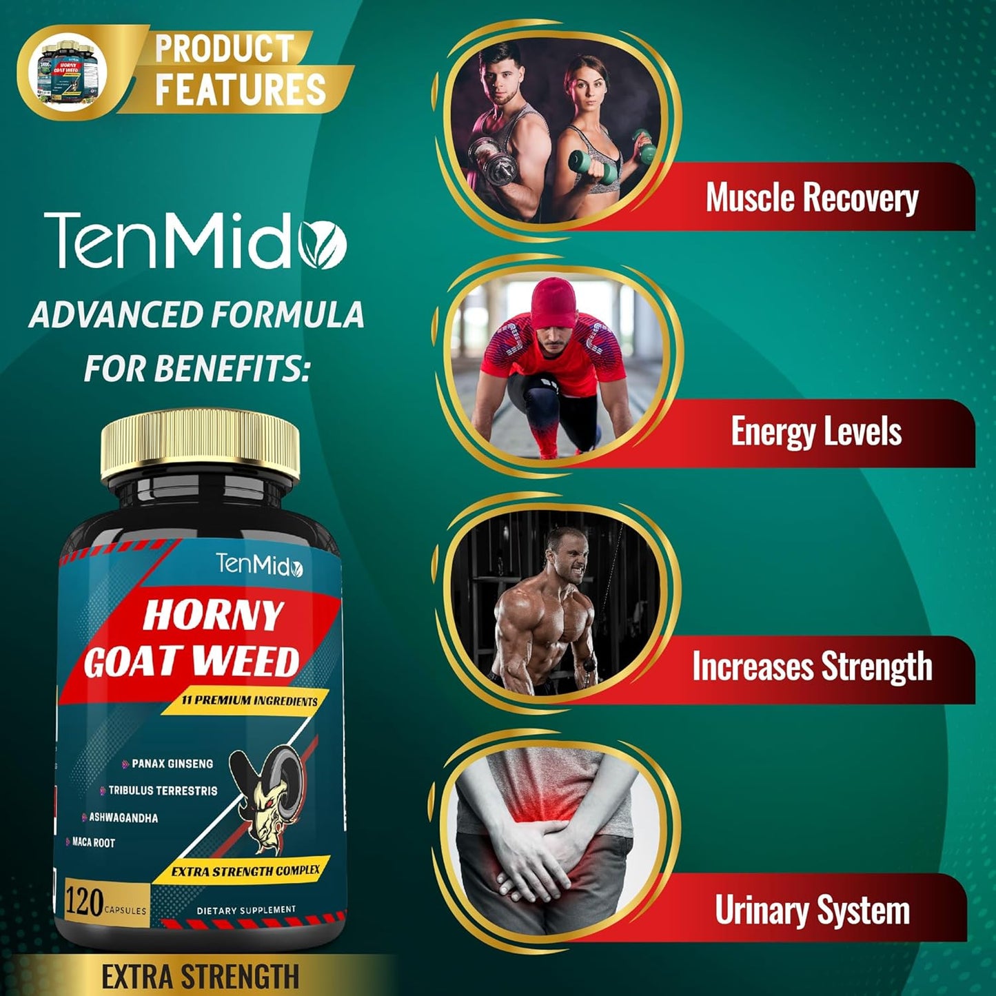 Tenmido Herbal Libido Boost Supplement with Horny Goat Weed, Ginseng, Tribulus, Maca, Ashwagandha, Tongkat Ali - 120 Capsules