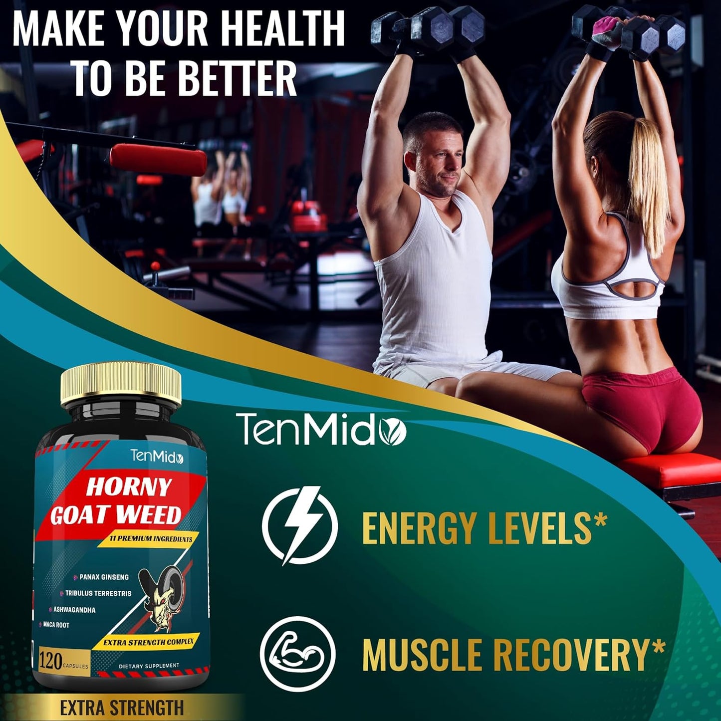 Tenmido Herbal Libido Boost Supplement with Horny Goat Weed, Ginseng, Tribulus, Maca, Ashwagandha, Tongkat Ali - 120 Capsules