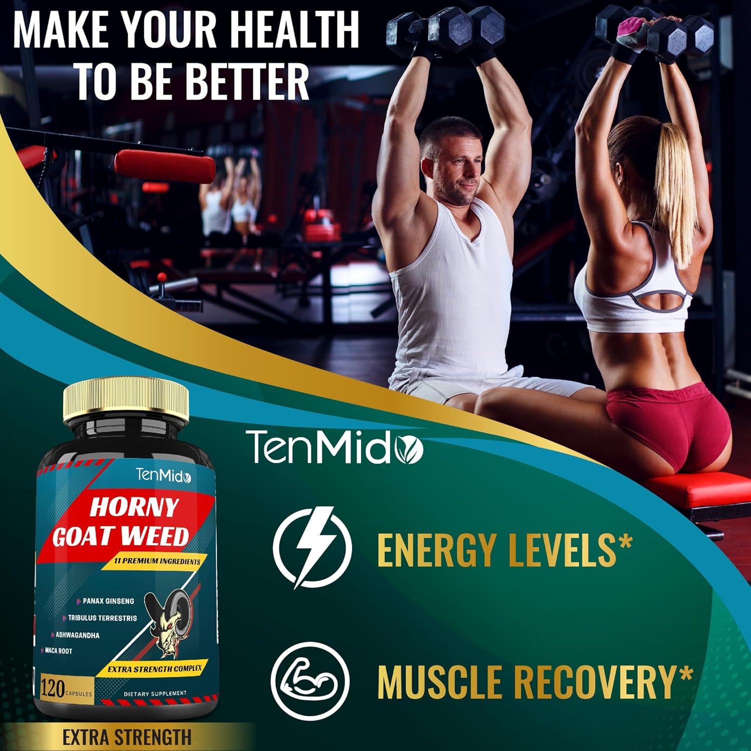 Tenmido Herbal Libido Boost Supplement with Horny Goat Weed, Ginseng, Tribulus, Maca, Ashwagandha, Tongkat Ali - 120 Capsules
