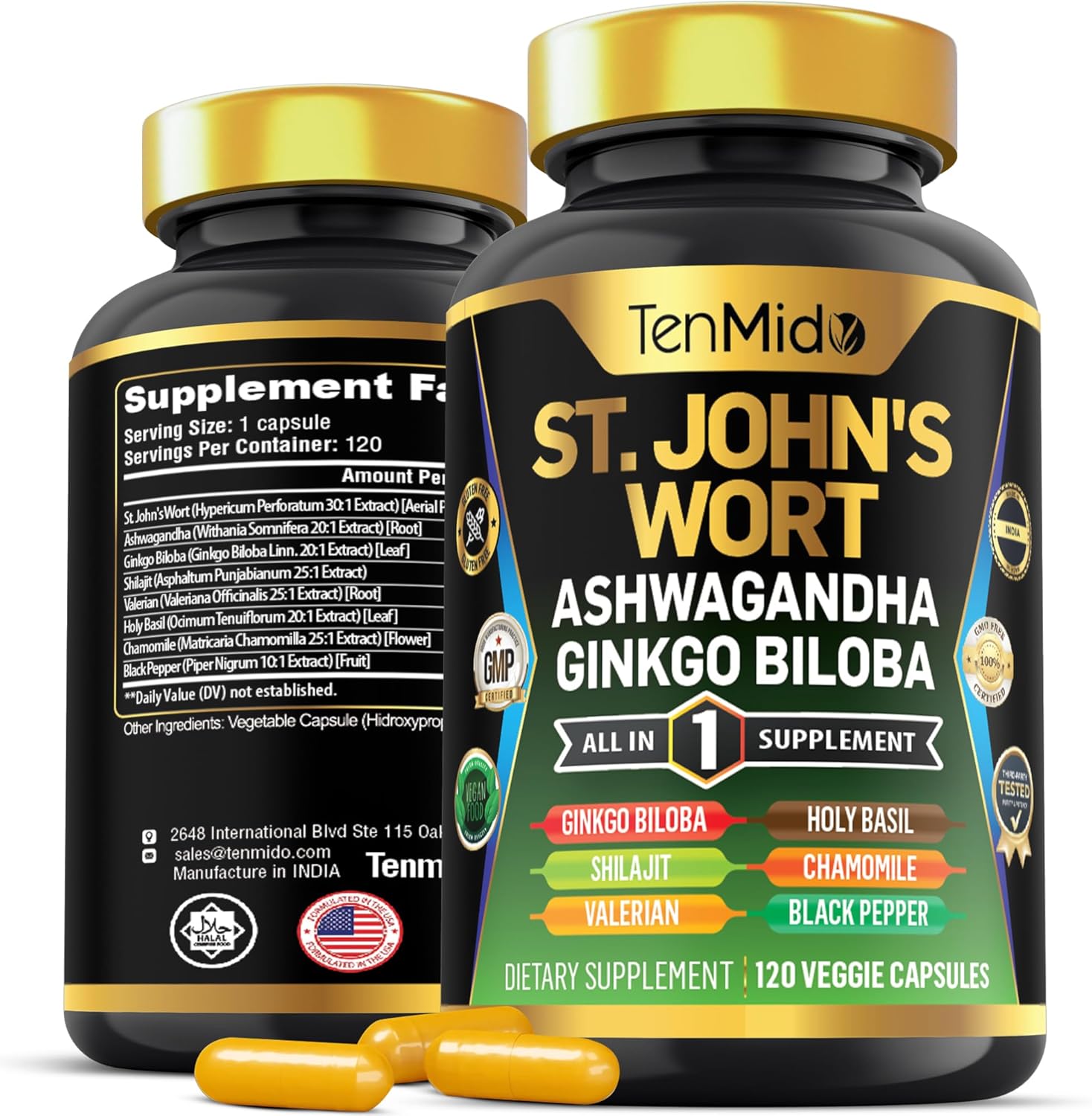 Tenmido St. John's Wort Supplement - 8in1 Formula with Ashwagandha, Ginkgo Biloba, Shilajit, Valerian, Holy Basil, Chamomile, Black Pepper - 120 Vegan Capsules, 4 Months Supply