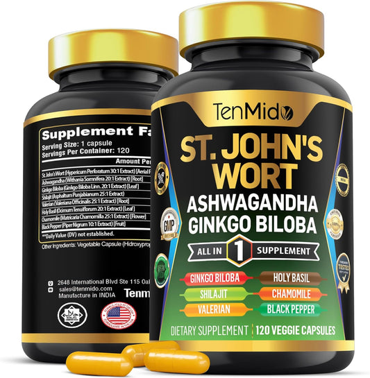 Tenmido St. John's Wort Supplement - 8in1 Formula with Ashwagandha, Ginkgo Biloba, Shilajit, Valerian, Holy Basil, Chamomile, Black Pepper - 120 Vegan Capsules, 4 Months Supply