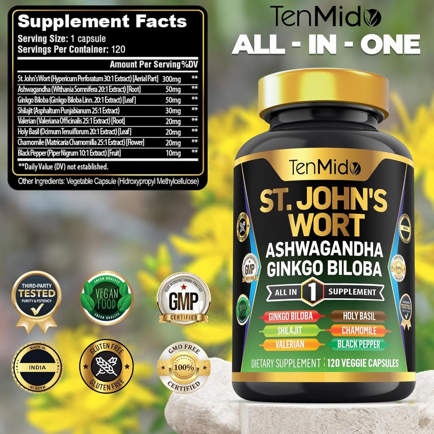 Tenmido St. John's Wort Supplement - 8in1 Formula with Ashwagandha, Ginkgo Biloba, Shilajit, Valerian, Holy Basil, Chamomile, Black Pepper - 120 Vegan Capsules, 4 Months Supply