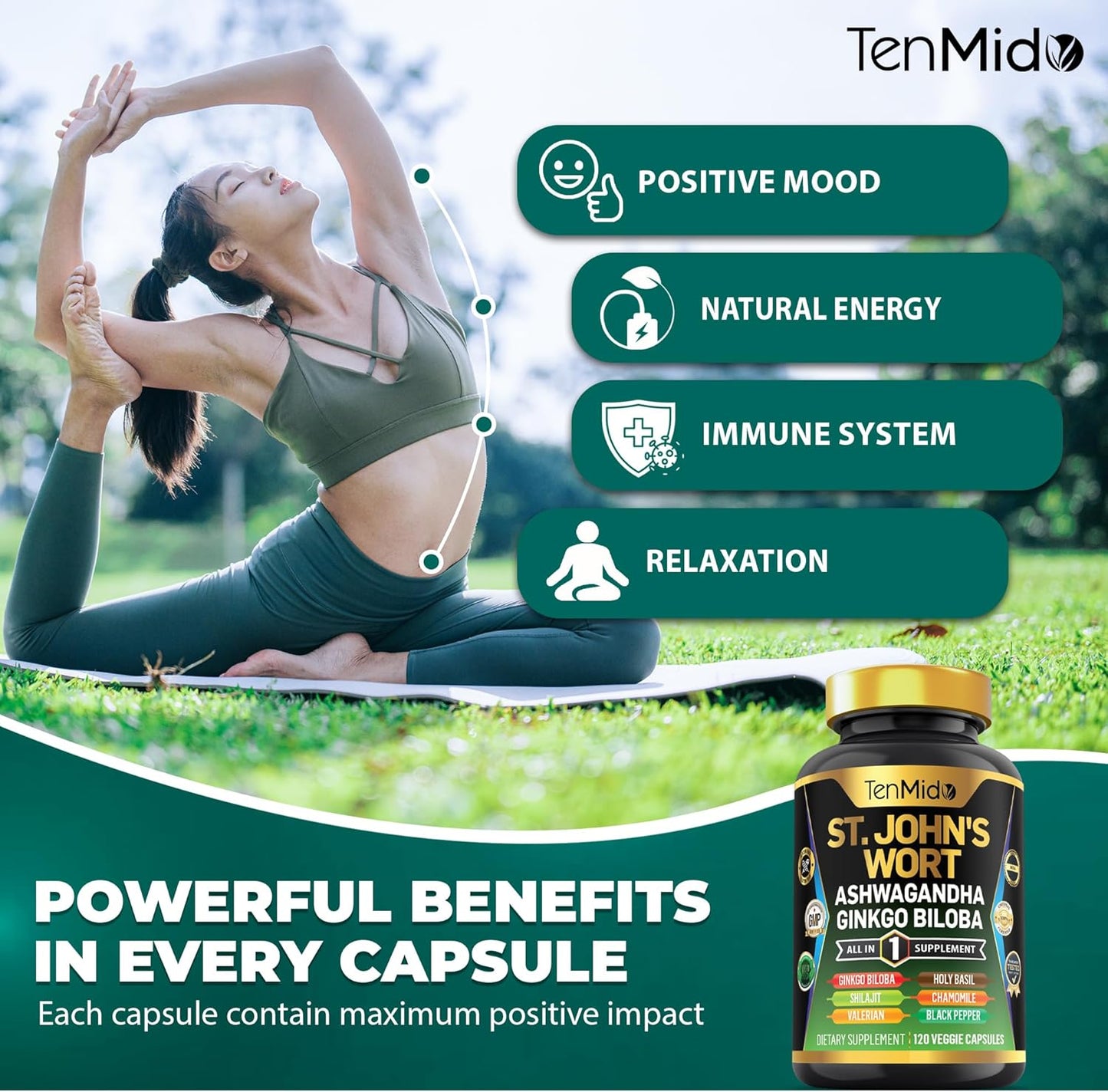 Tenmido St. John's Wort Supplement - 8in1 Formula with Ashwagandha, Ginkgo Biloba, Shilajit, Valerian, Holy Basil, Chamomile, Black Pepper - 120 Vegan Capsules, 4 Months Supply