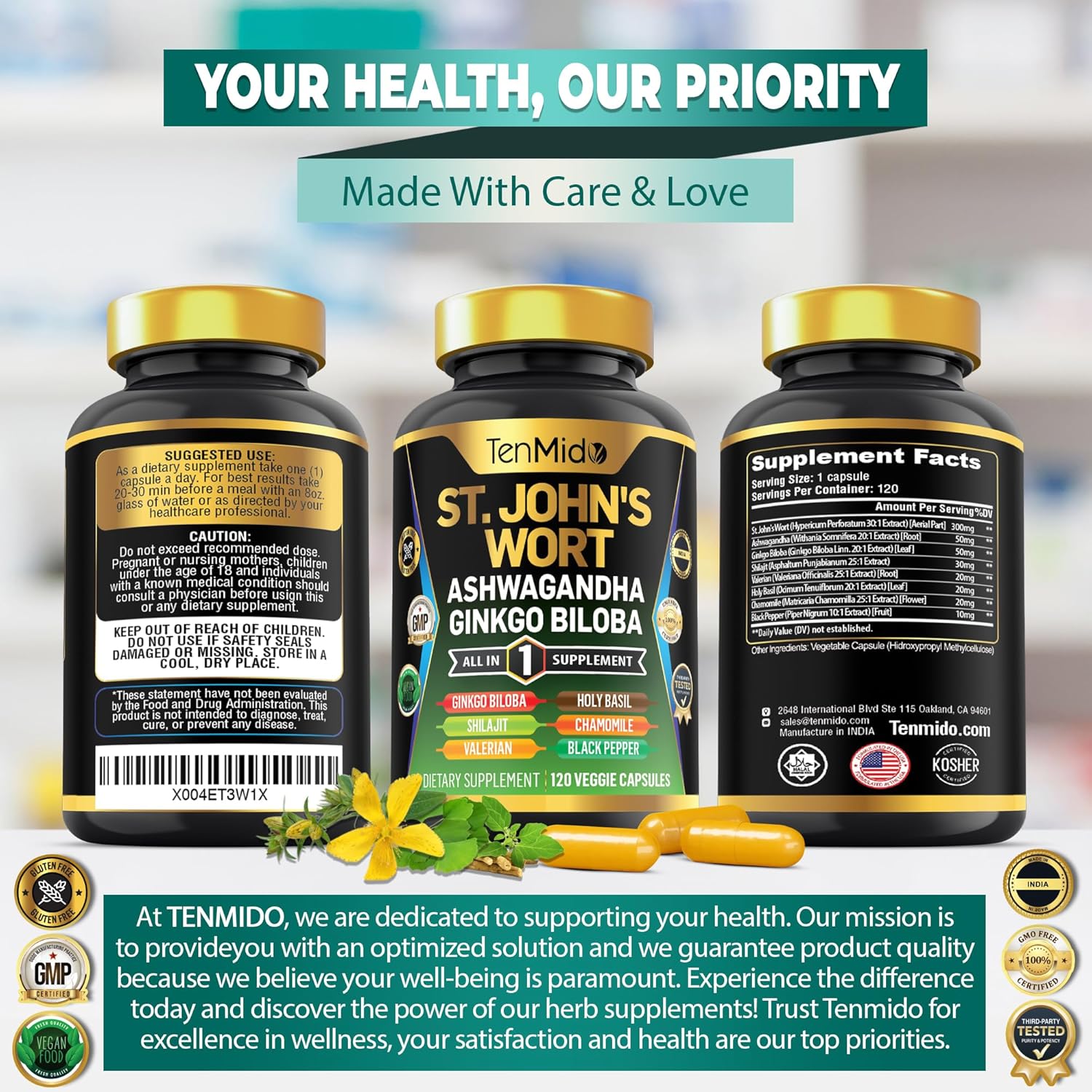 Tenmido St. John's Wort Supplement - 8in1 Formula with Ashwagandha, Ginkgo Biloba, Shilajit, Valerian, Holy Basil, Chamomile, Black Pepper - 120 Vegan Capsules, 4 Months Supply