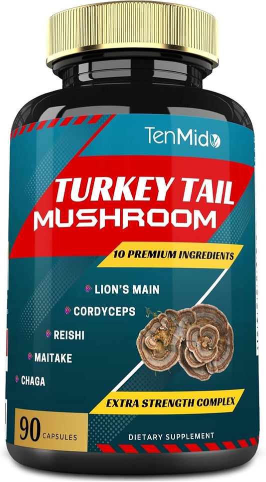 Tenmido Turkey Tail Mushroom Supplement Extract with Lions Mane, Cordyceps, Reishi - 10 Herbs in 1 for Digestive & Immune Support - 90 Day Supply