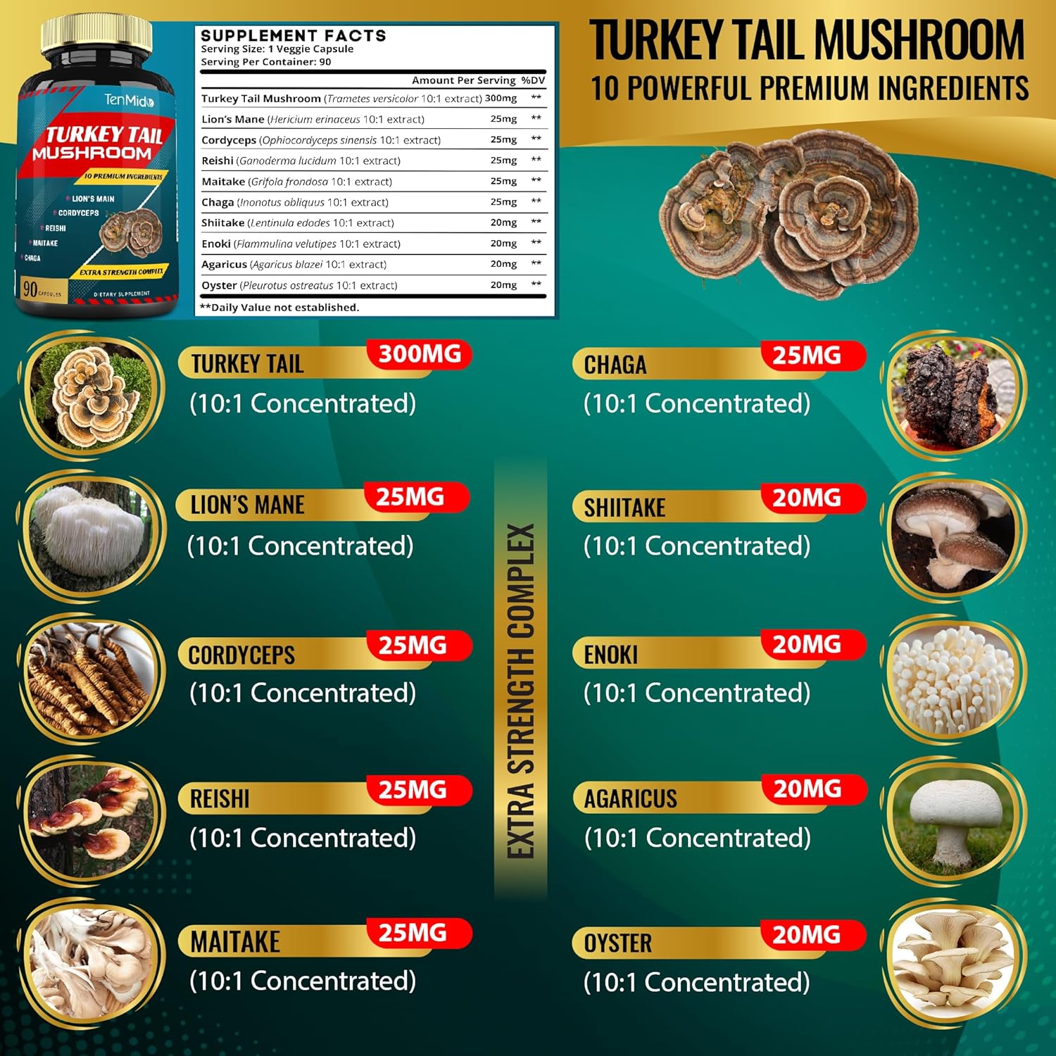 Tenmido Turkey Tail Mushroom Supplement Extract with Lions Mane, Cordyceps, Reishi - 10 Herbs in 1 for Digestive & Immune Support - 90 Day Supply
