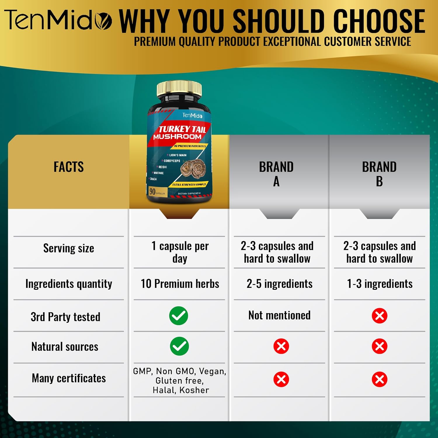 Tenmido Turkey Tail Mushroom Supplement Extract with Lions Mane, Cordyceps, Reishi - 10 Herbs in 1 for Digestive & Immune Support - 90 Day Supply