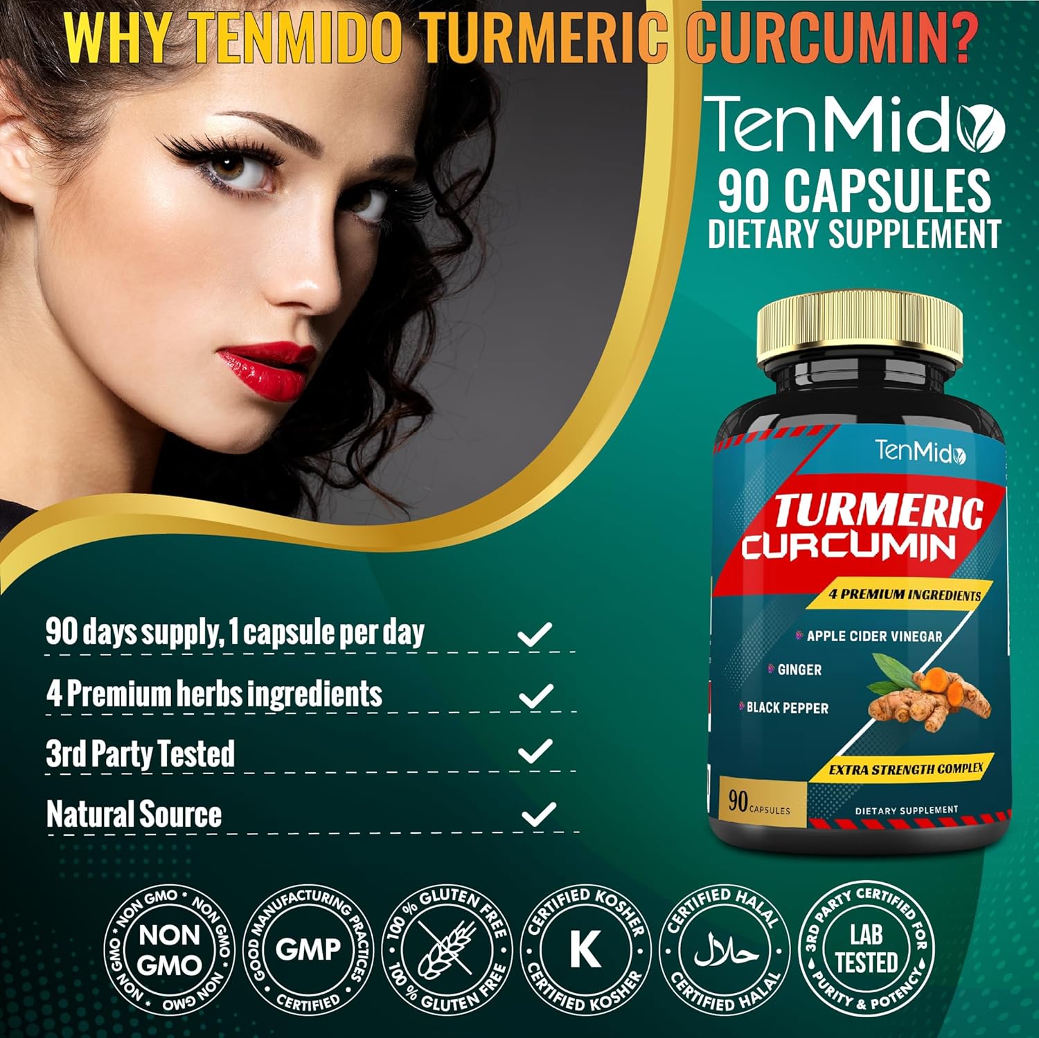 Tenmido Turmeric Curcumin Extract Capsules, 3 Months Supply, 95% Curcuminoids with Apple Cider, Ginger, Pepper - Improves Digestive, Immune Health