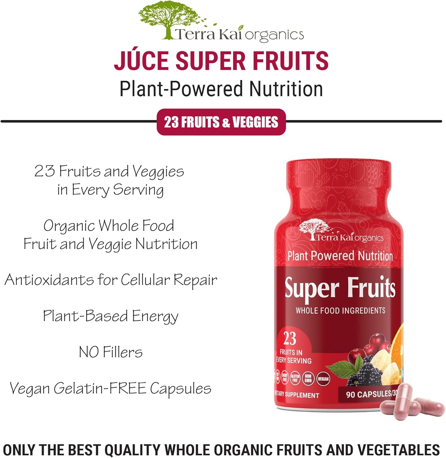 Terra Kai Organics Reds Superfood Capsules with 23 Organic Super Fruits, Non-GMO, Gluten/Gelatin Free, Soy Free & Vegan (90 Count)