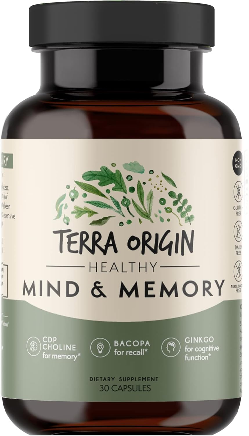 TERRA ORIGIN Cognitive Support Nootropic Formula with CDP Choline, Bacopa, L-Tyrosine, Huperzine A, Ginko, B12 - 30 Veggie Capsules