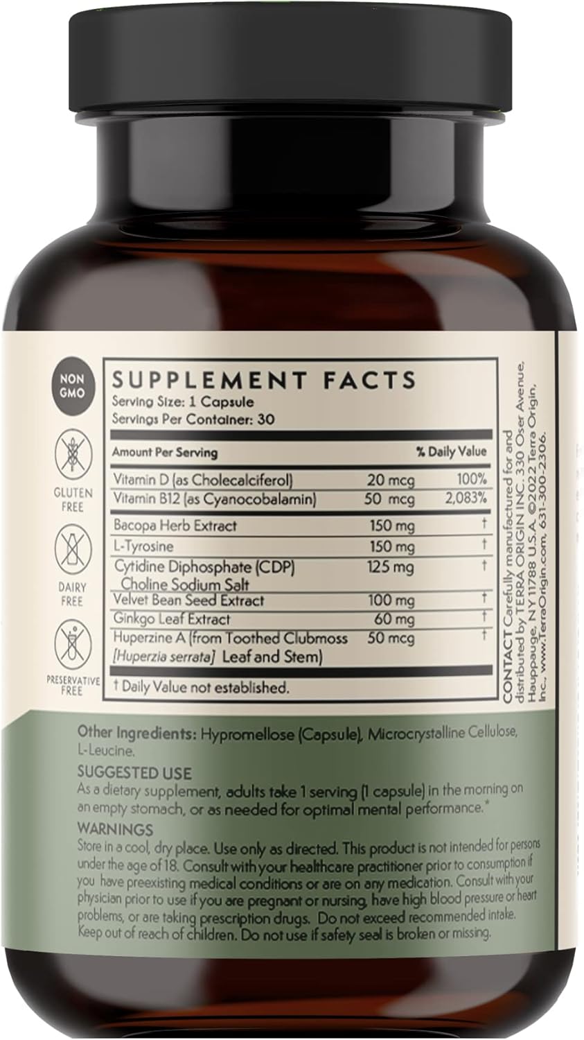 TERRA ORIGIN Cognitive Support Nootropic Formula with CDP Choline, Bacopa, L-Tyrosine, Huperzine A, Ginko, B12 - 30 Veggie Capsules