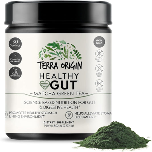 TERRA ORIGIN Gut Health Matcha Green Tea Blend | 30 Servings with L-Glutamine, Zinc, Glucosamine, Slippery Elm Bark