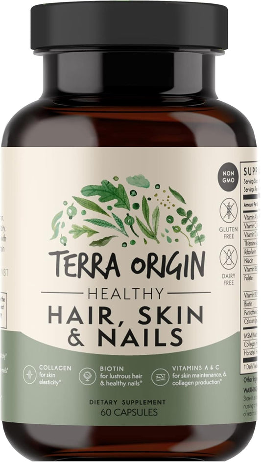 TERRA ORIGIN Hair, Skin & Nails Vitamins | 60 Capsules | Gluten Free, Non GMO | USA Made | 5,000 mcg Biotin, 200 mg Collagen | Vitamins A, C, D, B6, B12