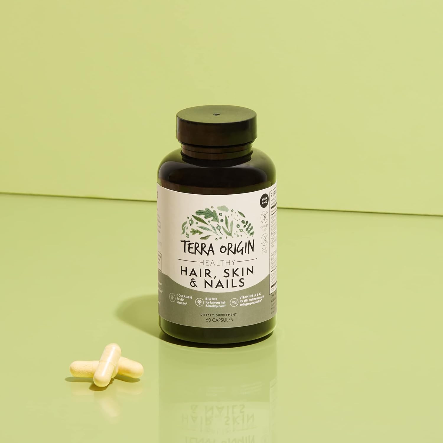 TERRA ORIGIN Hair, Skin & Nails Vitamins | 60 Capsules | Gluten Free, Non GMO | USA Made | 5,000 mcg Biotin, 200 mg Collagen | Vitamins A, C, D, B6, B12