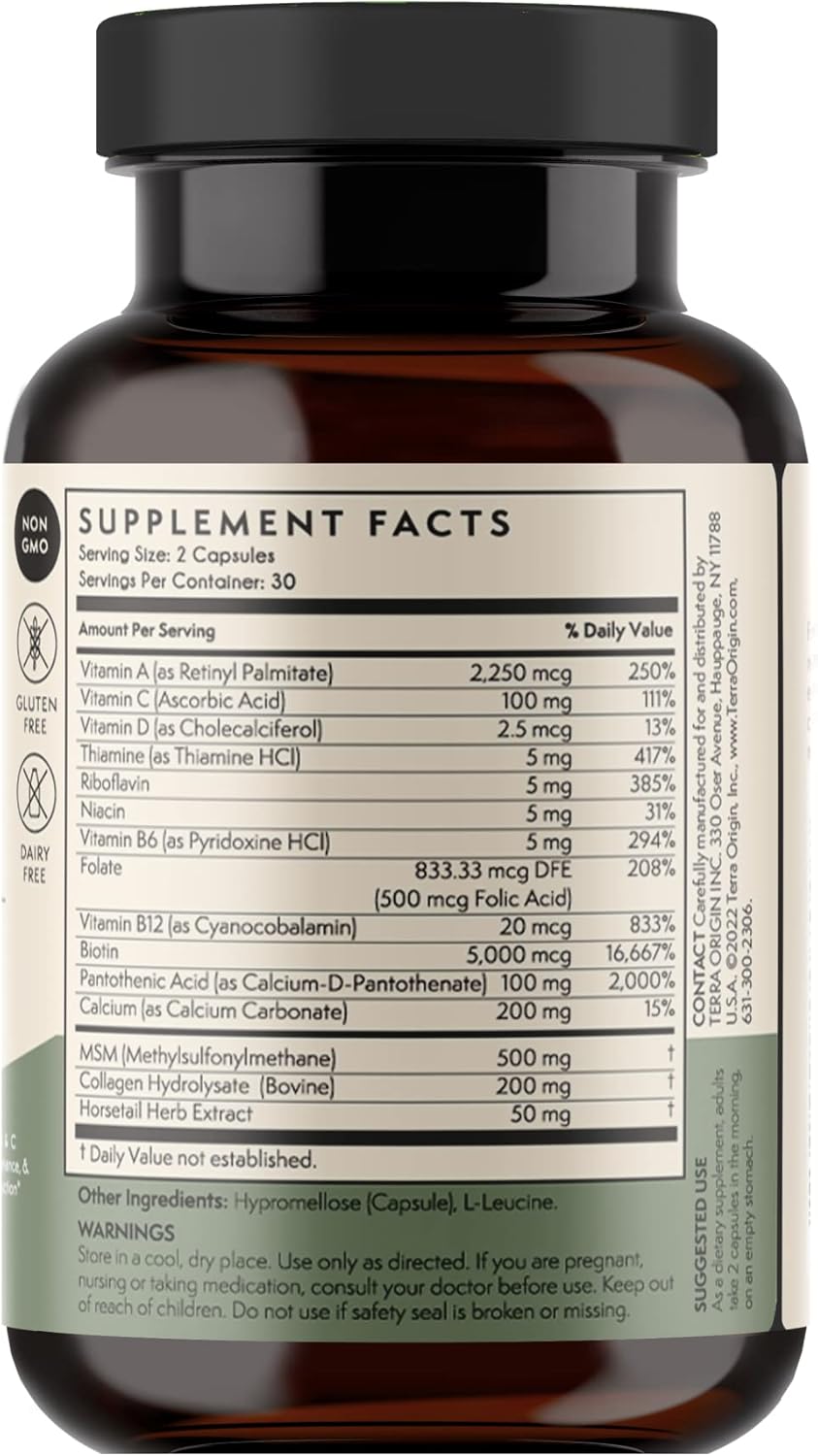 TERRA ORIGIN Hair, Skin & Nails Vitamins | 60 Capsules | Gluten Free, Non GMO | USA Made | 5,000 mcg Biotin, 200 mg Collagen | Vitamins A, C, D, B6, B12