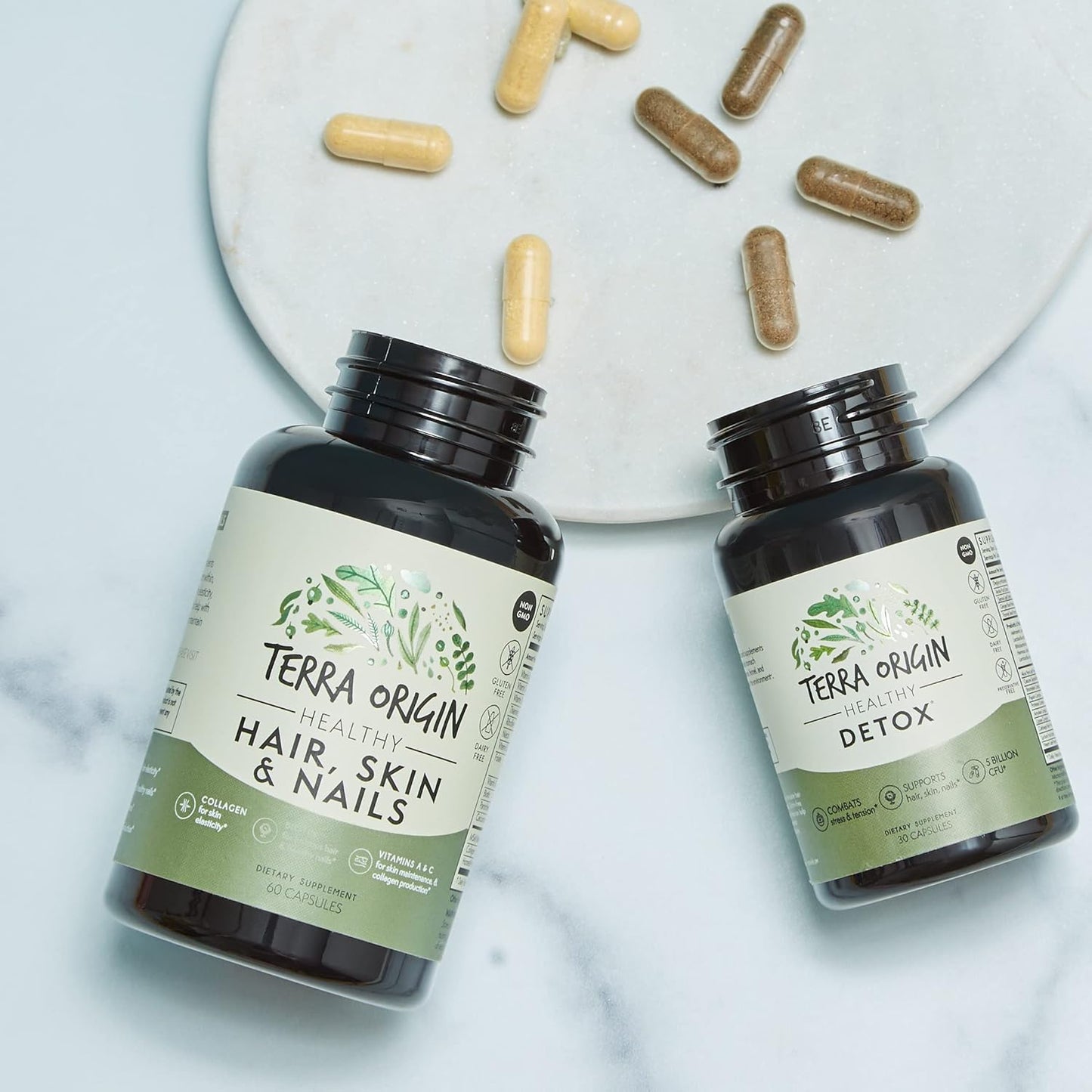 TERRA ORIGIN Hair, Skin & Nails Vitamins | 60 Capsules | Gluten Free, Non GMO | USA Made | 5,000 mcg Biotin, 200 mg Collagen | Vitamins A, C, D, B6, B12