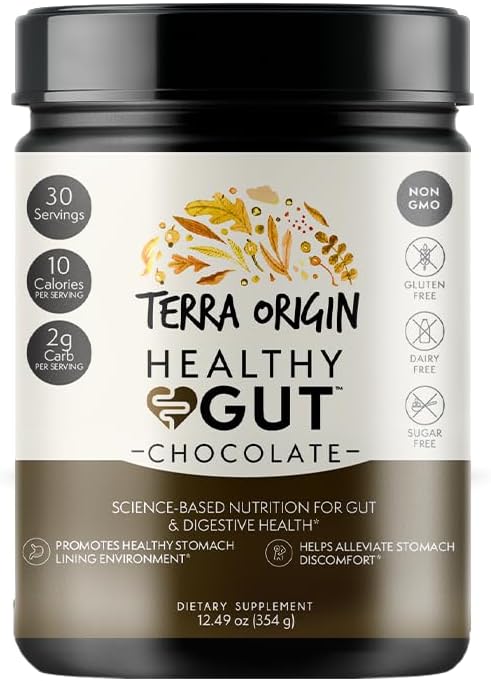 TERRA ORIGIN Healthy Gut Chocolate Supplement - 30 Servings with L-Glutamine, Zinc, Glucosamine, Slippery Elm Bark, and Marshmallow Root