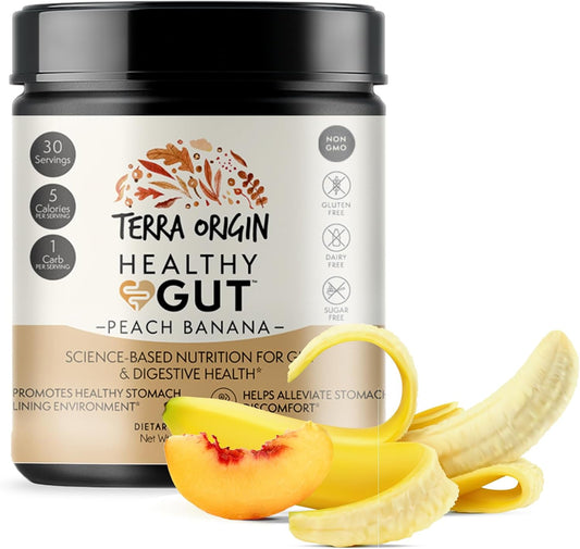 TERRA ORIGIN Healthy Gut Peach Banana Supplement - 30 Servings with L-Glutamine, Zinc, Glucosamine, Slippery Elm Bark, Marshmallow Root & More