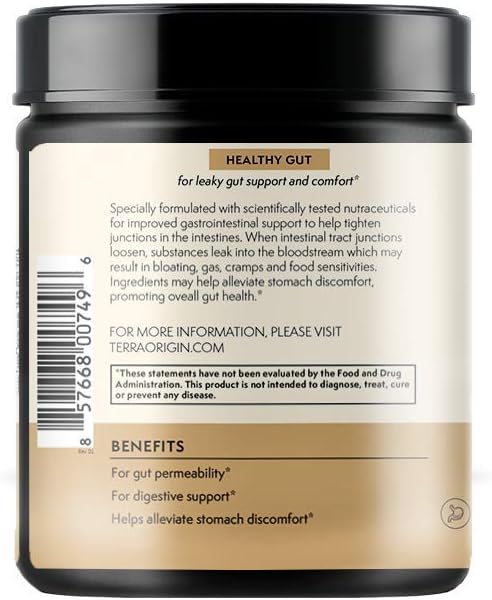 TERRA ORIGIN Healthy Gut Peach Banana Supplement - 30 Servings with L-Glutamine, Zinc, Glucosamine, Slippery Elm Bark, Marshmallow Root & More