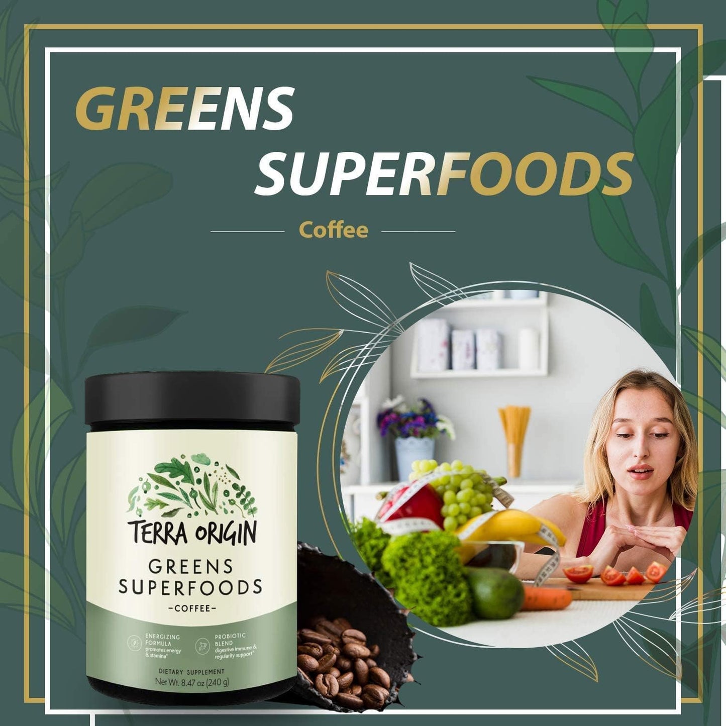 TERRA ORIGIN Superfoods Greens Immune Support with Probiotics, Organic Vegetables, and Digestive Enzymes - 30 Servings