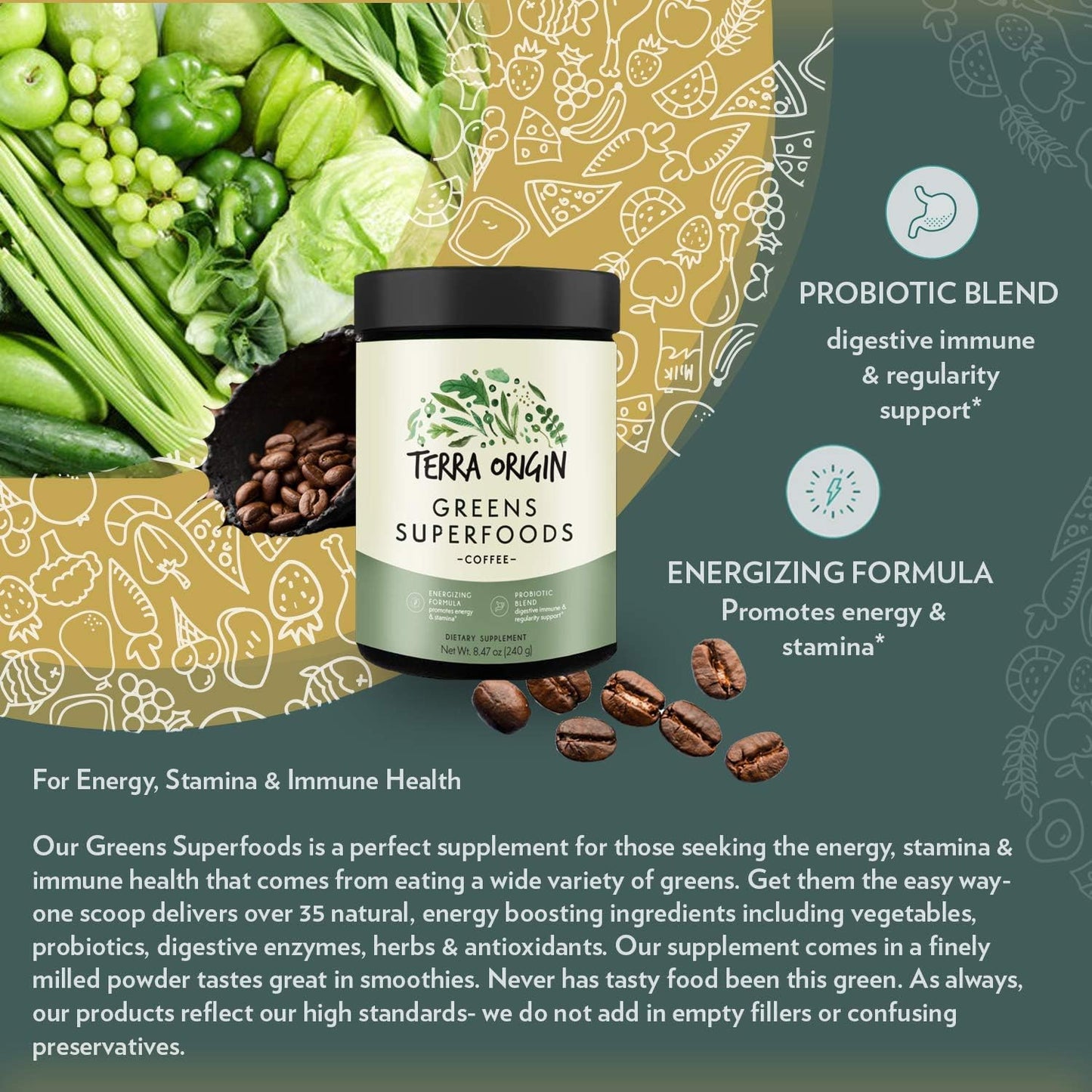 TERRA ORIGIN Superfoods Greens Immune Support with Probiotics, Organic Vegetables, and Digestive Enzymes - 30 Servings