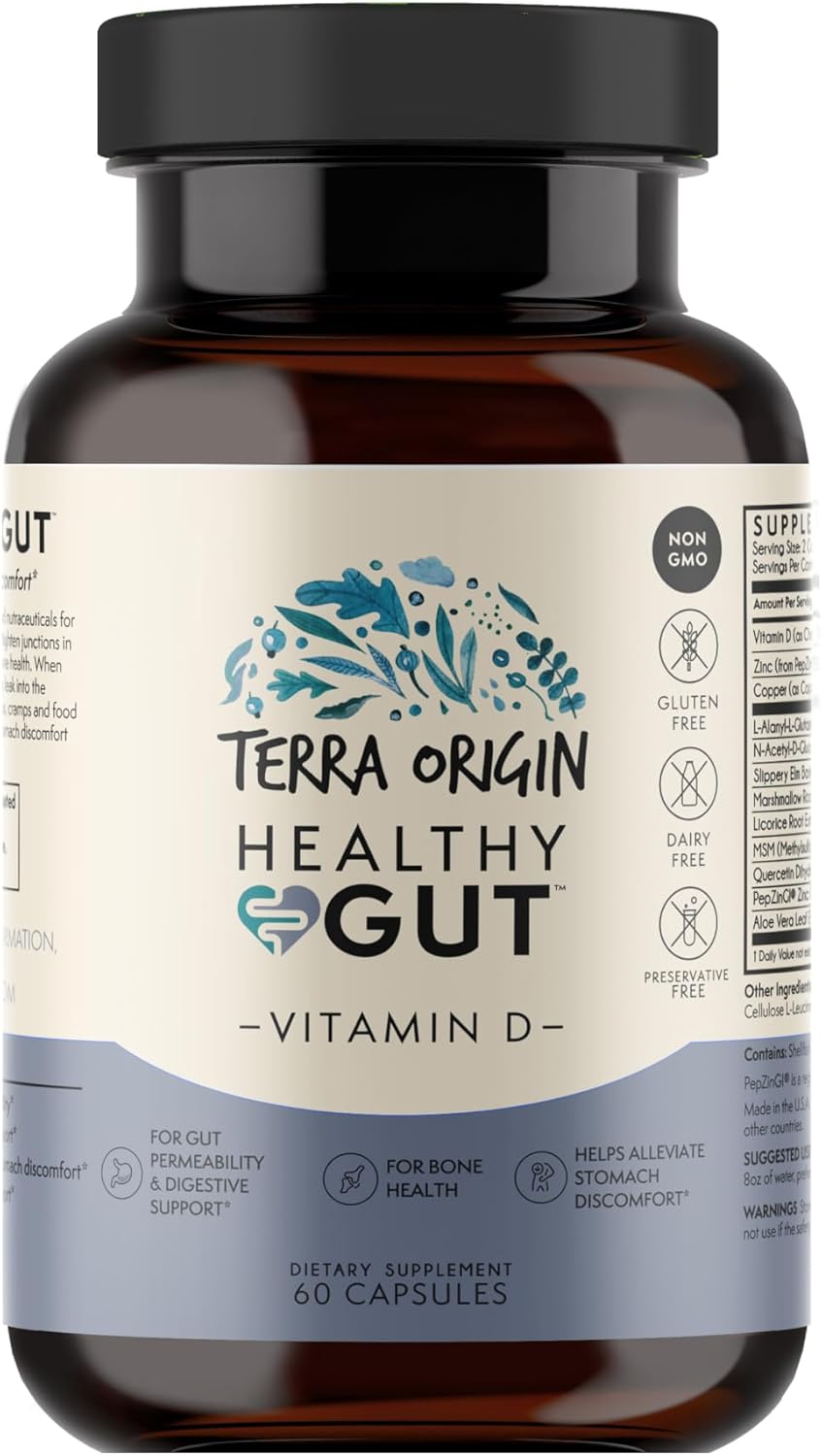 TERRA ORIGIN Vitamin D 5000 IU Gut Health Supplements - 60 Capsules for Men and Women - Supports Digestion and Gas