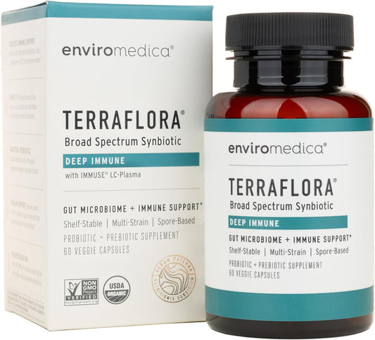 Terraflora Deep Immune Probiotic + Prebiotic Supplement - Soil Based Bacillus Spore Form Synbiotic - Immune Booster (60ct)