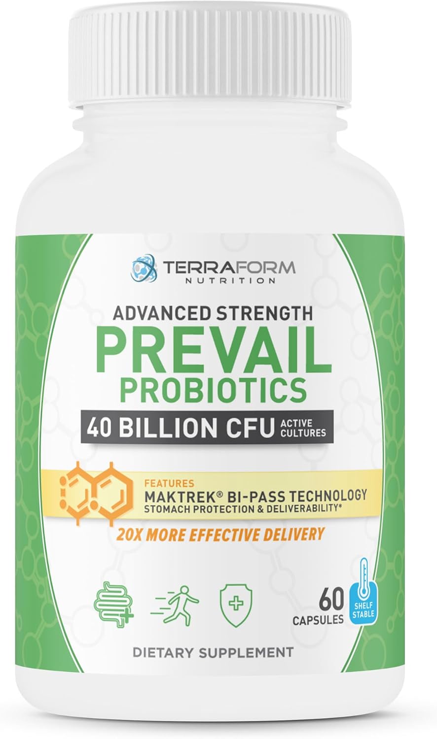 Terraform Nutrition Prevail Probiotics - 40 Billion CFU, Patented Stomach Protection, Immunity & Gut Health - Shelf Stable, Potency Guaranteed, 1 Month Supply