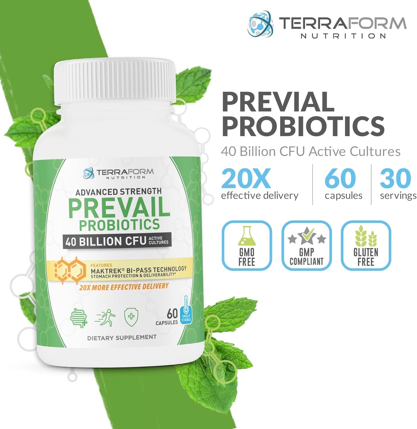 Terraform Nutrition Prevail Probiotics - 40 Billion CFU, Patented Stomach Protection, Immunity & Gut Health - Shelf Stable, Potency Guaranteed, 1 Month Supply