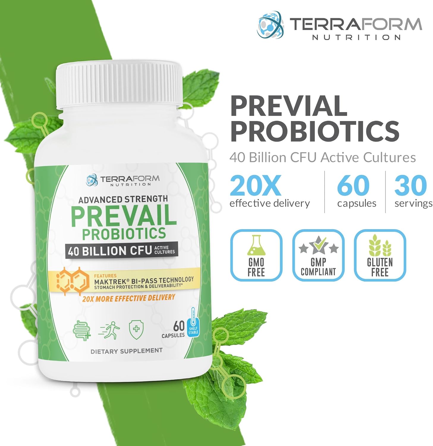 Terraform Nutrition Prevail Probiotics - 40 Billion CFU, Patented Stomach Protection, Immunity & Gut Health - Shelf Stable, Potency Guaranteed, 1 Month Supply