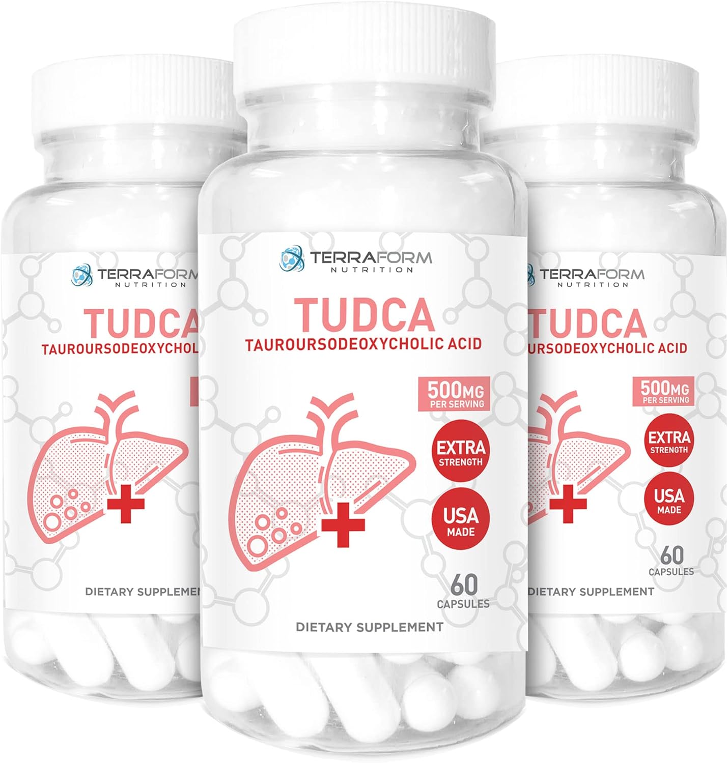 Terraform Pure TUDCA (Tauroursodeoxycholic Acid) - Liver Support Supplement (3 Pack) - 500mg Per Serving - 60 Capsules