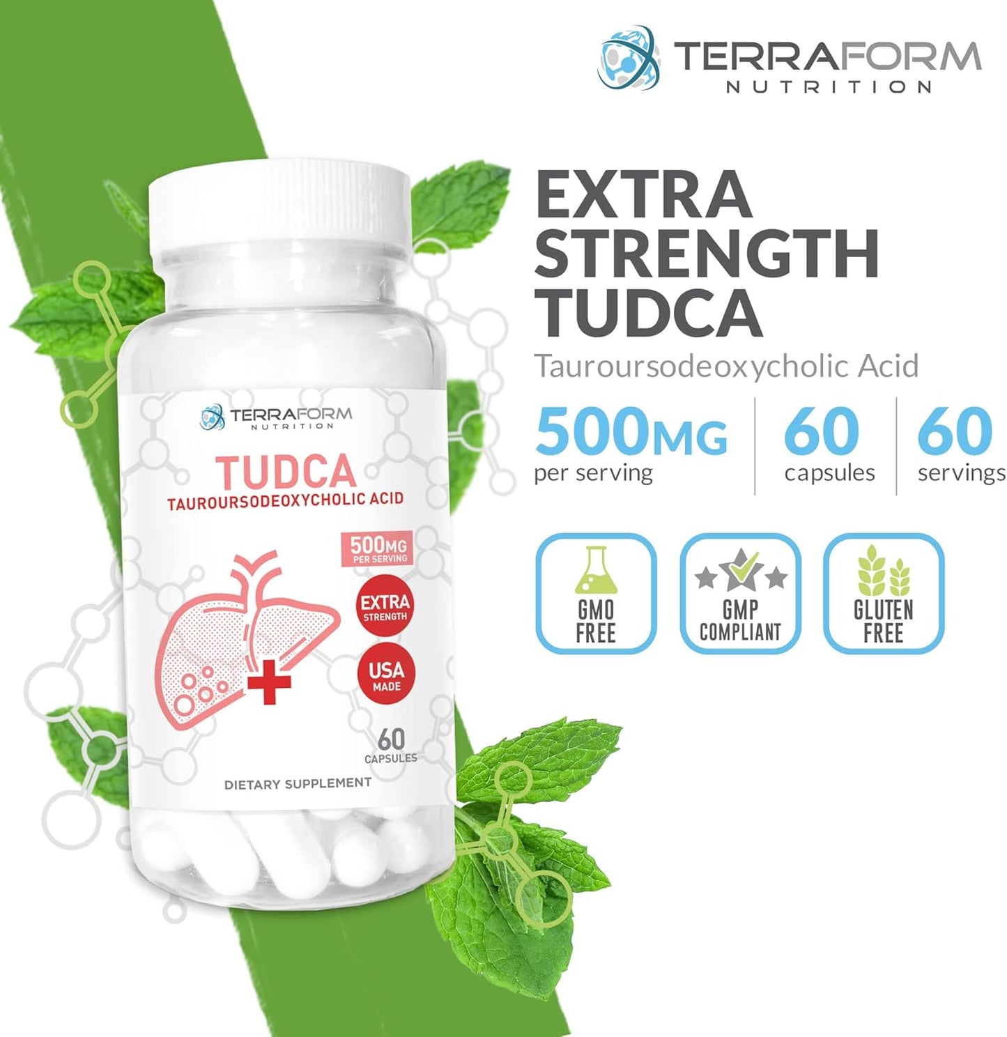 Terraform Pure TUDCA (Tauroursodeoxycholic Acid) - Liver Support Supplement (3 Pack) - 500mg Per Serving - 60 Capsules