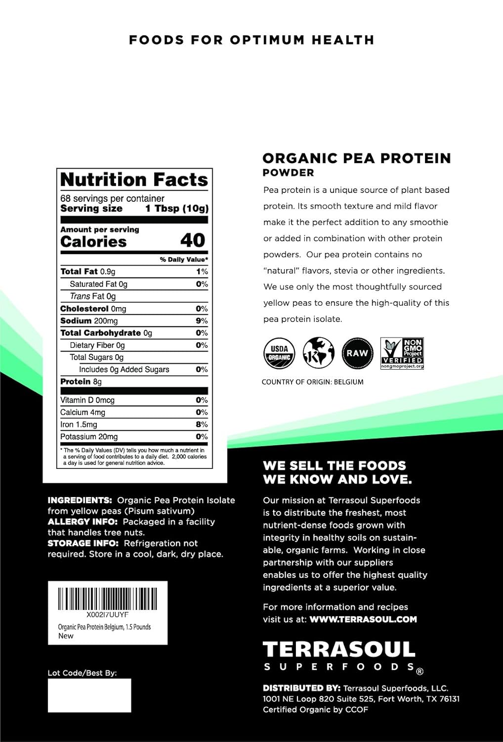 Terrasoul Superfoods Organic Pea Protein Powder - 1.5 Lbs - European Sourced, Smooth Texture, Unflavored