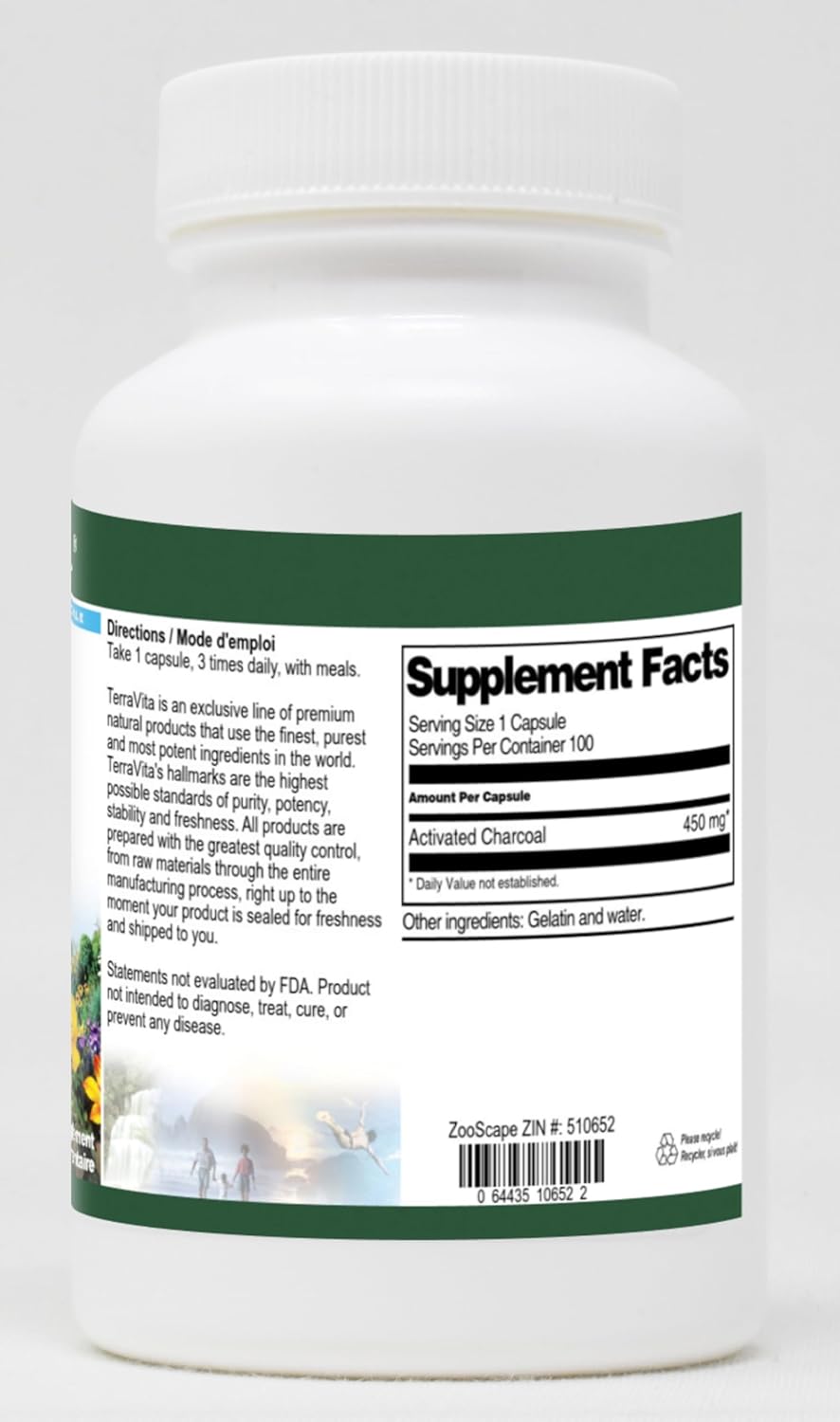 Terravita Activated Charcoal Capsules - 450mg (100 Count, ZIN: 510652) - Pack of 3
