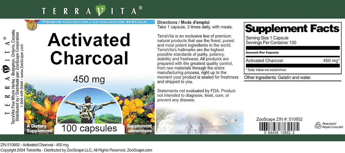 Terravita Activated Charcoal Capsules - 450mg (100 Count, ZIN: 510652) - Pack of 3