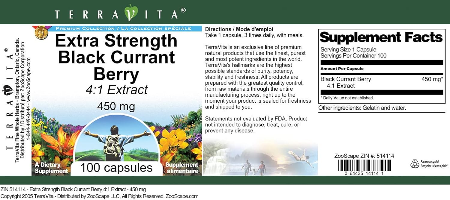 Terravita Black Currant Berry Extract 4:1 - 450 mg (300 Capsules, ZIN: 514114) - Extra Strength 3 Pack