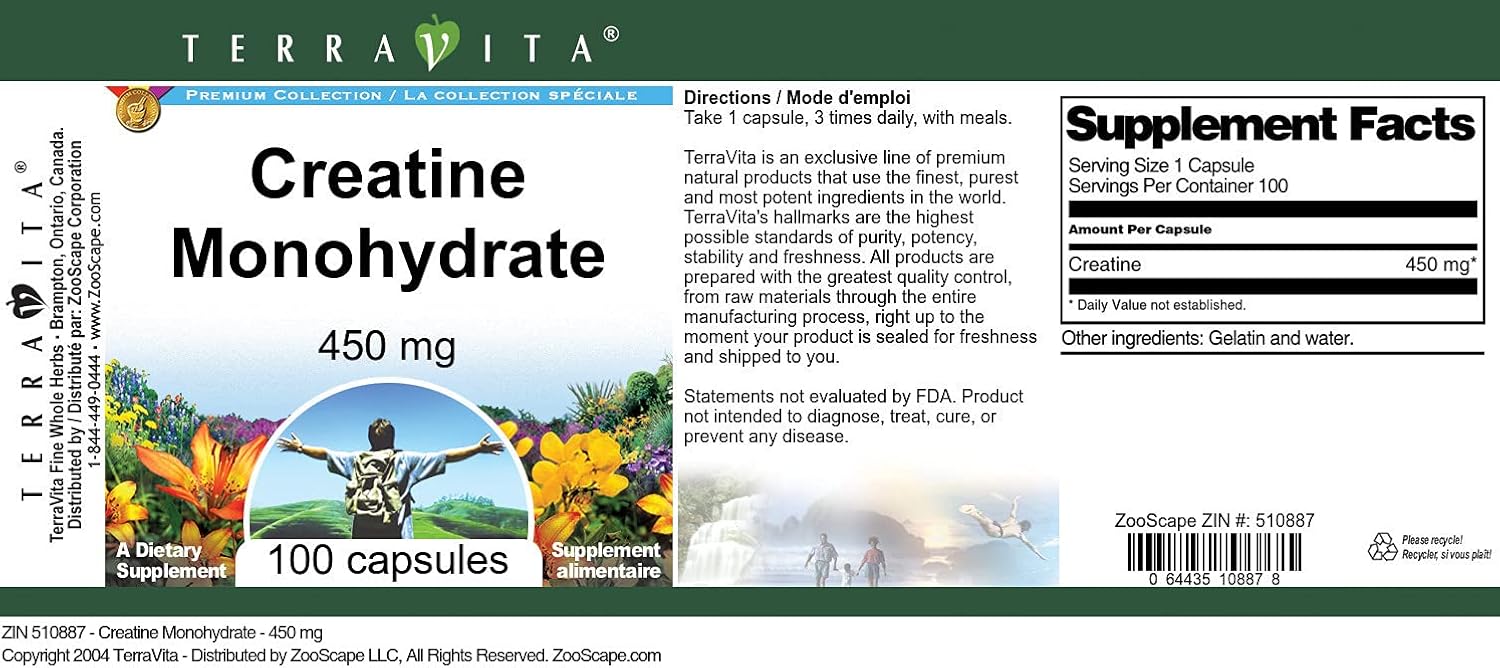 Terravita Creatine Monohydrate 450mg Capsules - 100 Count (ZIN 510887)