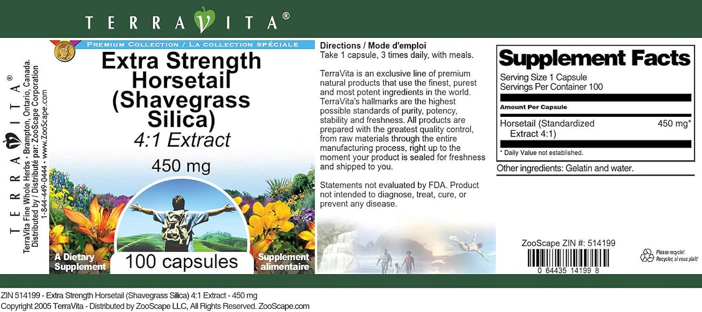 Terravita Extra Strength Horsetail Shavegrass Silica Extract 450mg (200 Capsules) - 2 Pack