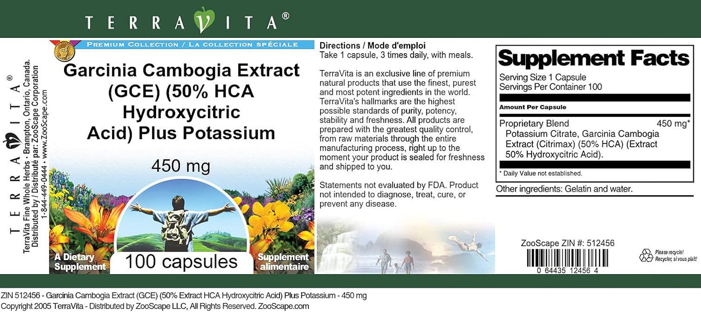 Terravita Garcinia Cambogia Extract with 50% HCA and Potassium - 450mg (100 Capsules) - 2 Pack